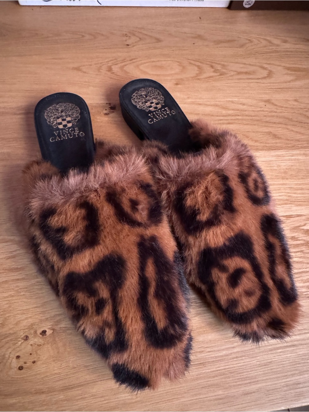 Vince Camuto Leopard Print Faux-Fur Slide Mules in Brown and Black